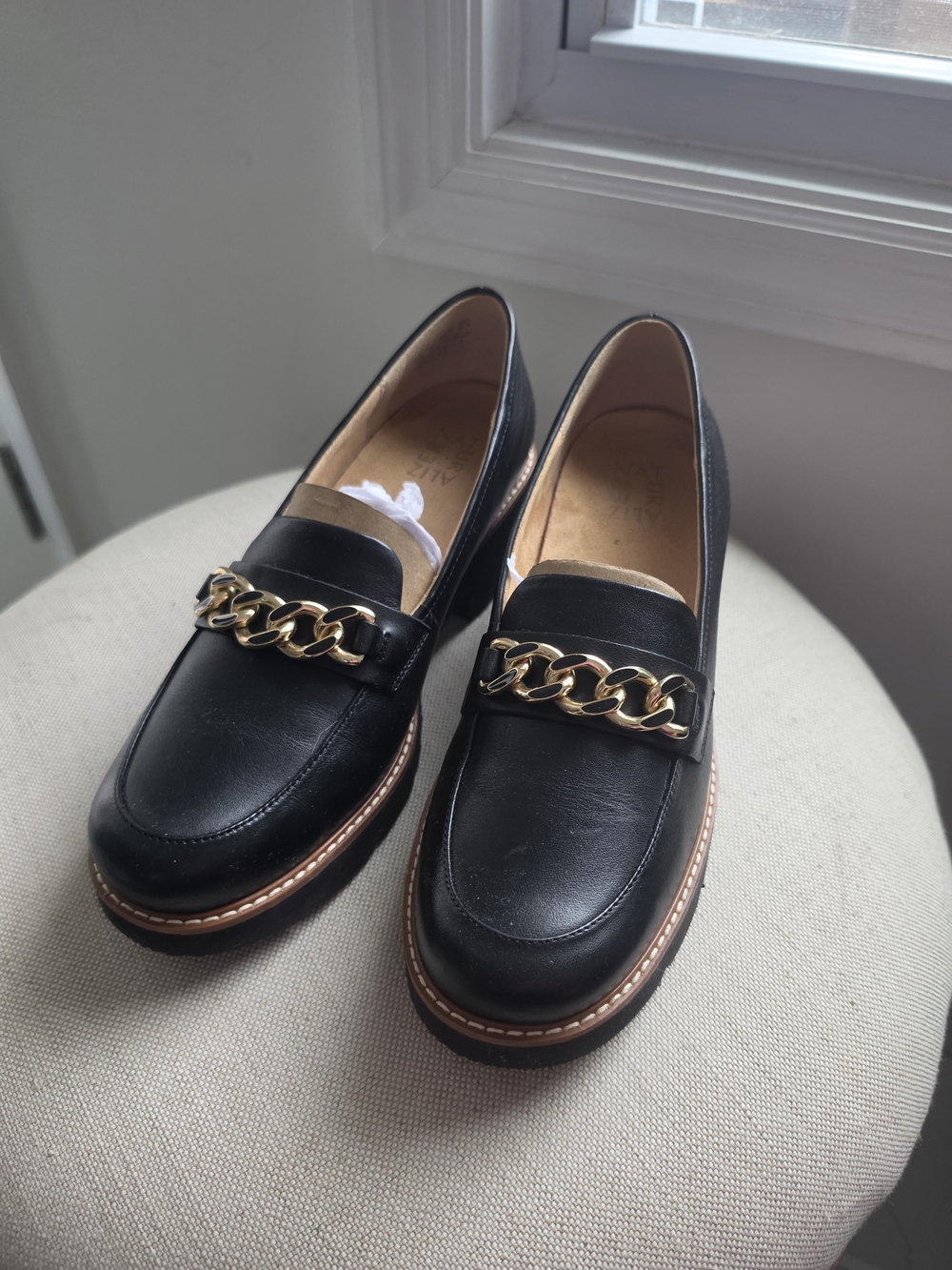 Naturalizer Black Leather Loafers with Gold Chain